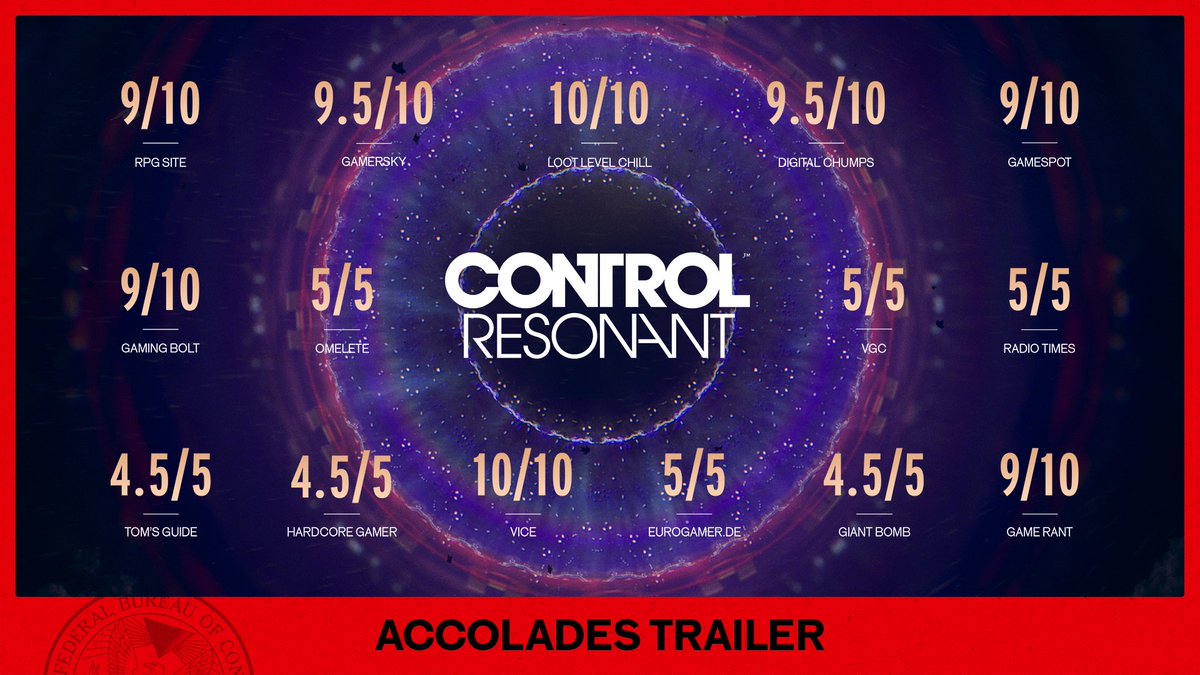 The image is a promotional accolades graphic for the game "Control Resonant," displaying a 3x5 grid of review scores ranging from 9/10 to 10/10 from various outlets including RPG Site, GameSpot, and Vice. Set against a cosmic purple and red background, the central "Control Resonant" logo is surrounded by the high ratings, reinforcing the post's call to action for players to fight for humanity in collapsing Manhattan.