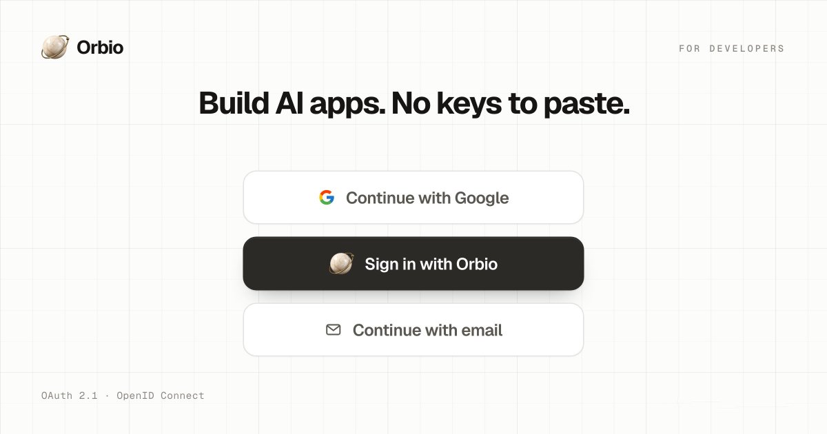 orbioagent's tweet photo. OAuth for apps is here.

Now your app can let users sign in with Orbio and pay for their own AI from their balance. 

No API keys to paste. https://t.co/vacuQtFtot