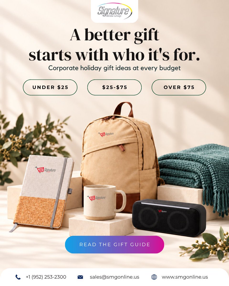 SignatureMediaG's tweet photo. Planning gifts for employees or clients? Start with who they’re for. Our holiday guide explores ideas across three budget ranges, plus the details that make a gift feel personal.

Read it here: https://t.co/QD0kL7COsd https://t.co/QrbKapwgIy