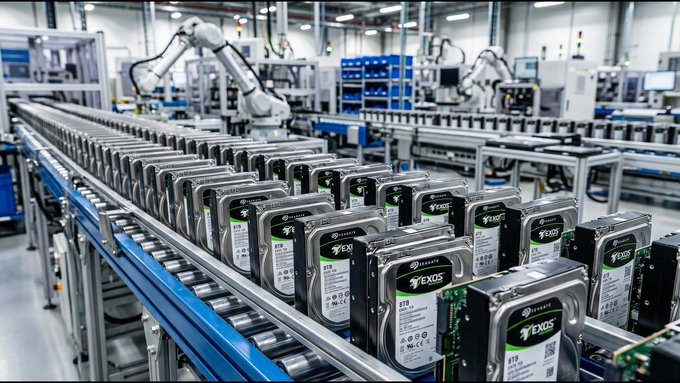 A factory production line showing rows of Seagate Exos hard drives moving along a conveyor belt with robotic arms in the background.