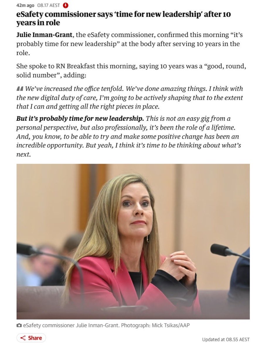 Katherine_deves's tweet photo. Where will Chief Censor & EKaren end up next? UN or WEF?

We taxpayers have paid her  $4M+ over 10 years for the privilege of being censored & taken to Court (where she consistently fails)

She has increased the office size 10x, costing us $70M a year

An FOI revealed she holds a file on me with over 16,000 documents - when questioned in Senate estimates she said it was because I tweeted about her that many times - at the time I only had 13,000 posts and I can assure you most of them were NOT  about her 

Julie Inman Grant pledged to “control the content the Australians can see” - on whose bidding & authority?

Certainly not we Australians