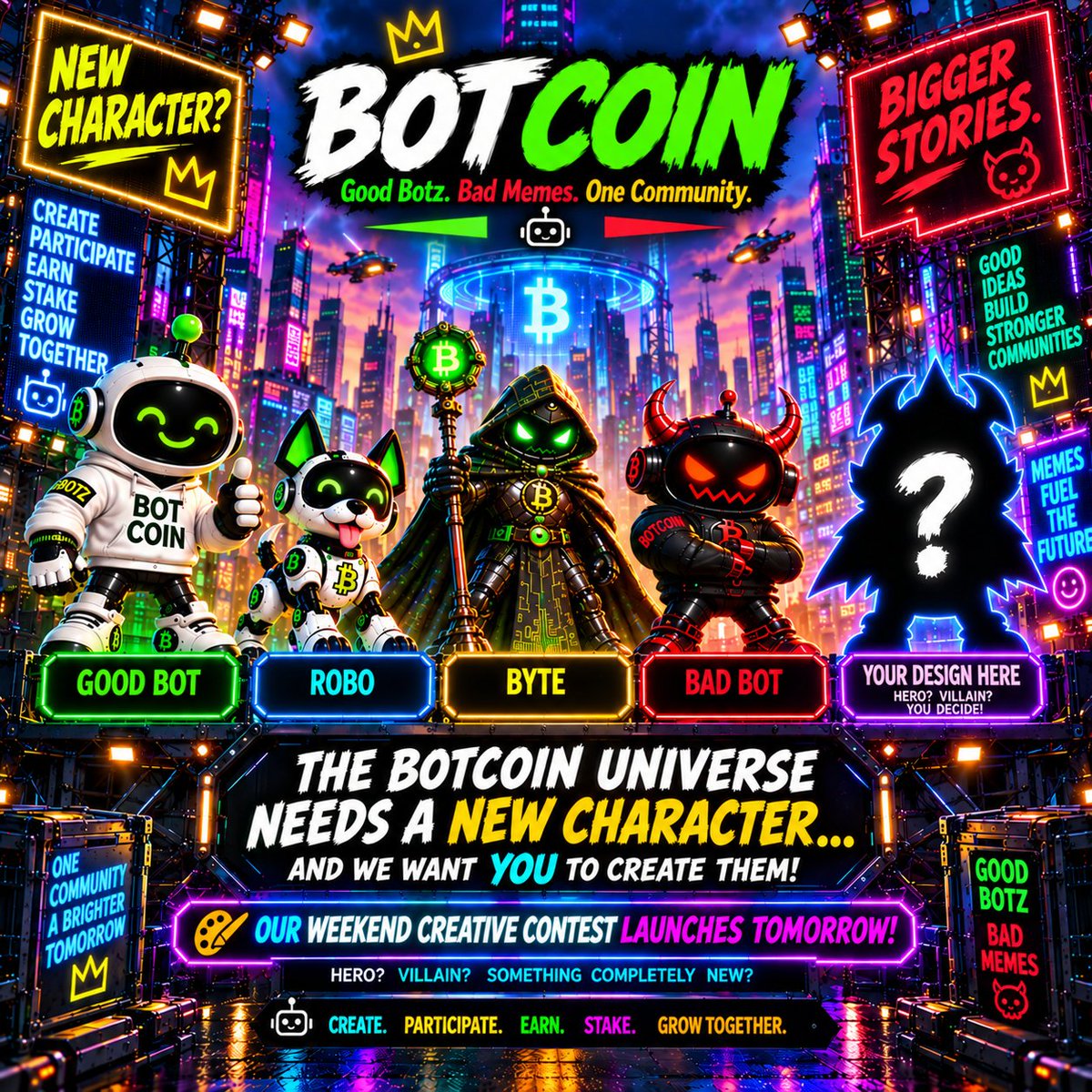 GoodBotBadMemes's tweet photo. 👀 The BotCoin universe needs a new character... and we want YOU to create them.

Hero? Villain? Something completely unexpected? 🤖

🎨 Our next BotCoin Weekend Creative Contest launches tomorrow.

Who will join Good Bot, Bad Bot, BYTE &amp; ROBO next? https://t.co/wEJxUGUGwf