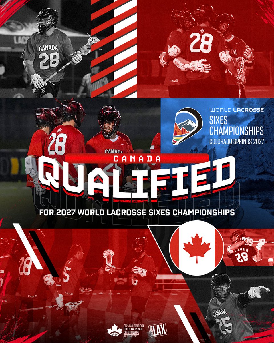 WorldLacrosse's tweet photo. QUALIFIED 🇨🇦✔️

Canada's men move on to the medal rounds and punch their ticket to the 2027 World Lacrosse Sixes Championships, where the Olympic dream will continue.

#PASLC26 #WLSC https://t.co/xtOJ4EECmq