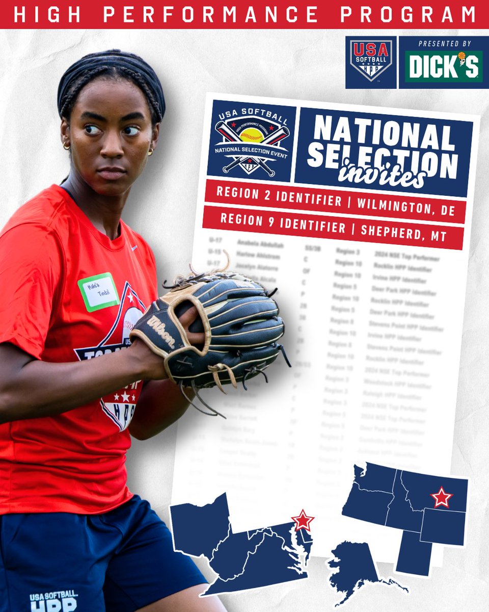 USASoftball's tweet photo. 𝙏𝙝𝙚 𝙞𝙣𝙫𝙞𝙩𝙚 𝙡𝙞𝙨𝙩 𝙞𝙨 𝙘𝙤𝙢𝙥𝙡𝙚𝙩𝙚 🤩

Check out the athletes from the 𝗥𝗲𝗴𝗶𝗼𝗻 𝟮 &amp; 𝗥𝗲𝗴𝗶𝗼𝗻 𝟵 #HPP Identifiers headed to the National Selection Event, 𝘱𝘳𝘦𝘴𝘦𝘯𝘵𝘦𝘥 𝘣𝘺 @DICKS! 

🔗 https://t.co/o1cQzyFggv https://t.co/2ZyhjaiQkZ