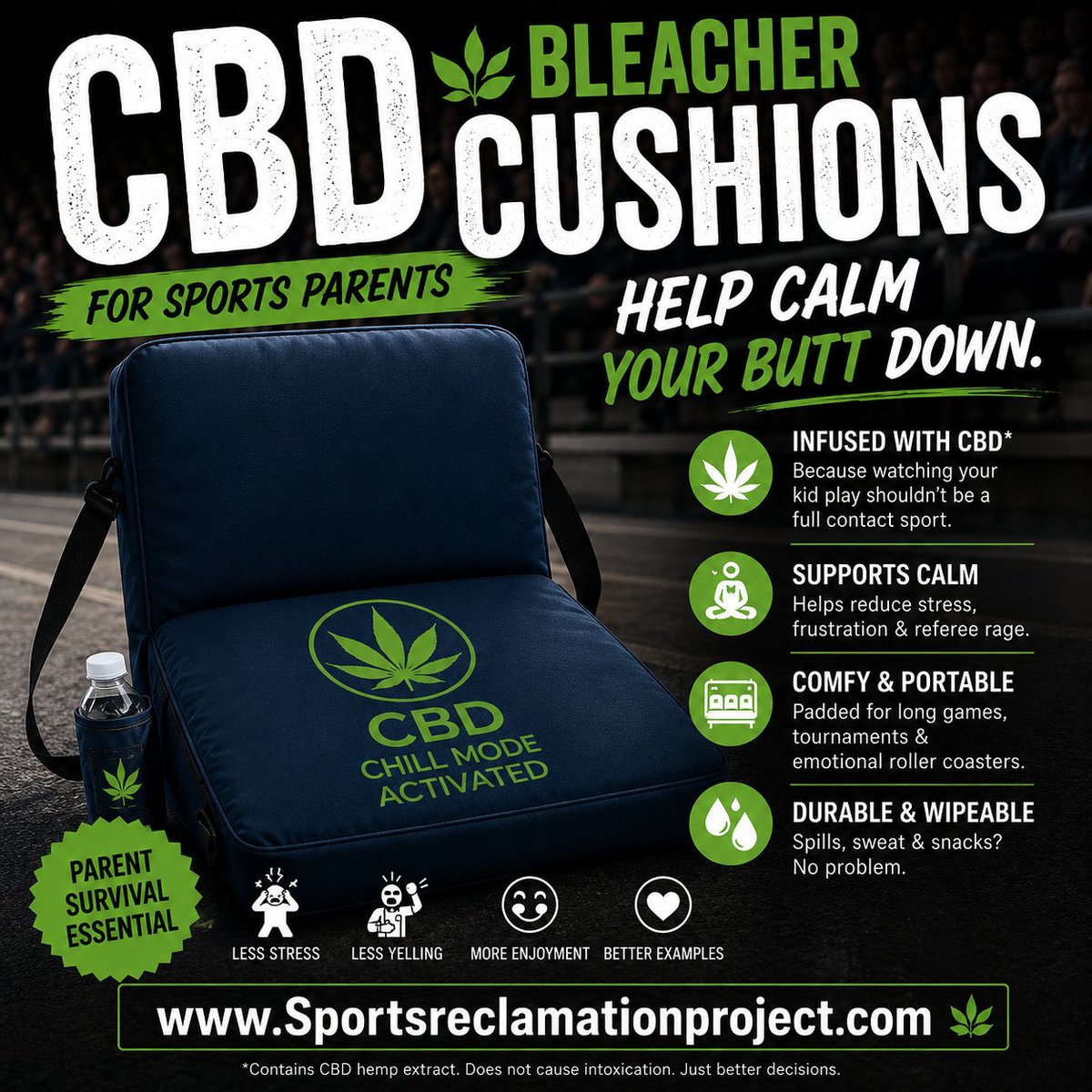 Jon_PGHoops757's tweet photo. Introducing CBD Bleacher Cushions: for parents who need help keeping their seat and their cool. No actual CBD. Just breathe, let the kids play, and keep your butt in the bleachers. #SportsReclamationProject #LetKidsPlay https://t.co/I527gCP0ZZ