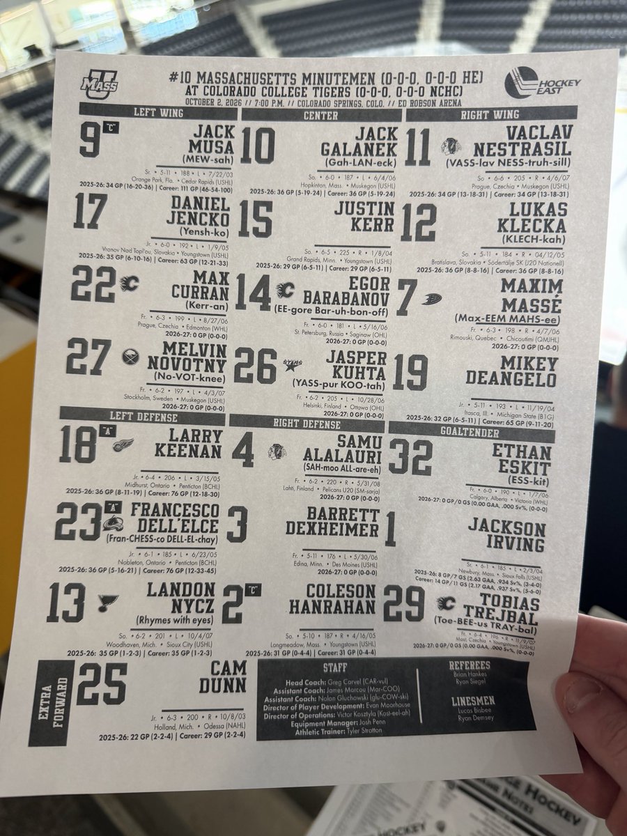 NathanPStrauss's tweet photo. #10 UMass lines at CC. Eskit starts. 

Top two lines are returning trios from last year that both had over 300 minutes together. https://t.co/c0zN2hwllJ