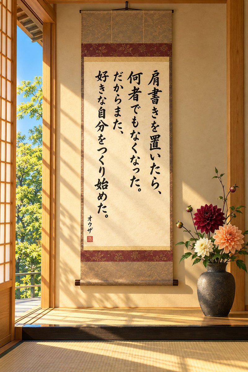 touryououza's tweet photo. 会社員の頃は名刺を出せば自分の説明ができました

退職するとその名刺がなくなる
身軽になったはずなのに最初は少し心細かったです
それでも、発信したり、人と話したり、AIに触れたりしているうちに変わってきました

今は肩書きよりも
「最近、何をしているか」で自分を話せます

「肩書きを置いたら、何者でもなくなった。
だからまた、好きな自分をつくり始めた。」

何者か決まっていないのは不安でもあります
でも、これからを書き足せる余白でもあるんですよね

今の私には未完成くらいがちょうどいいようです✨