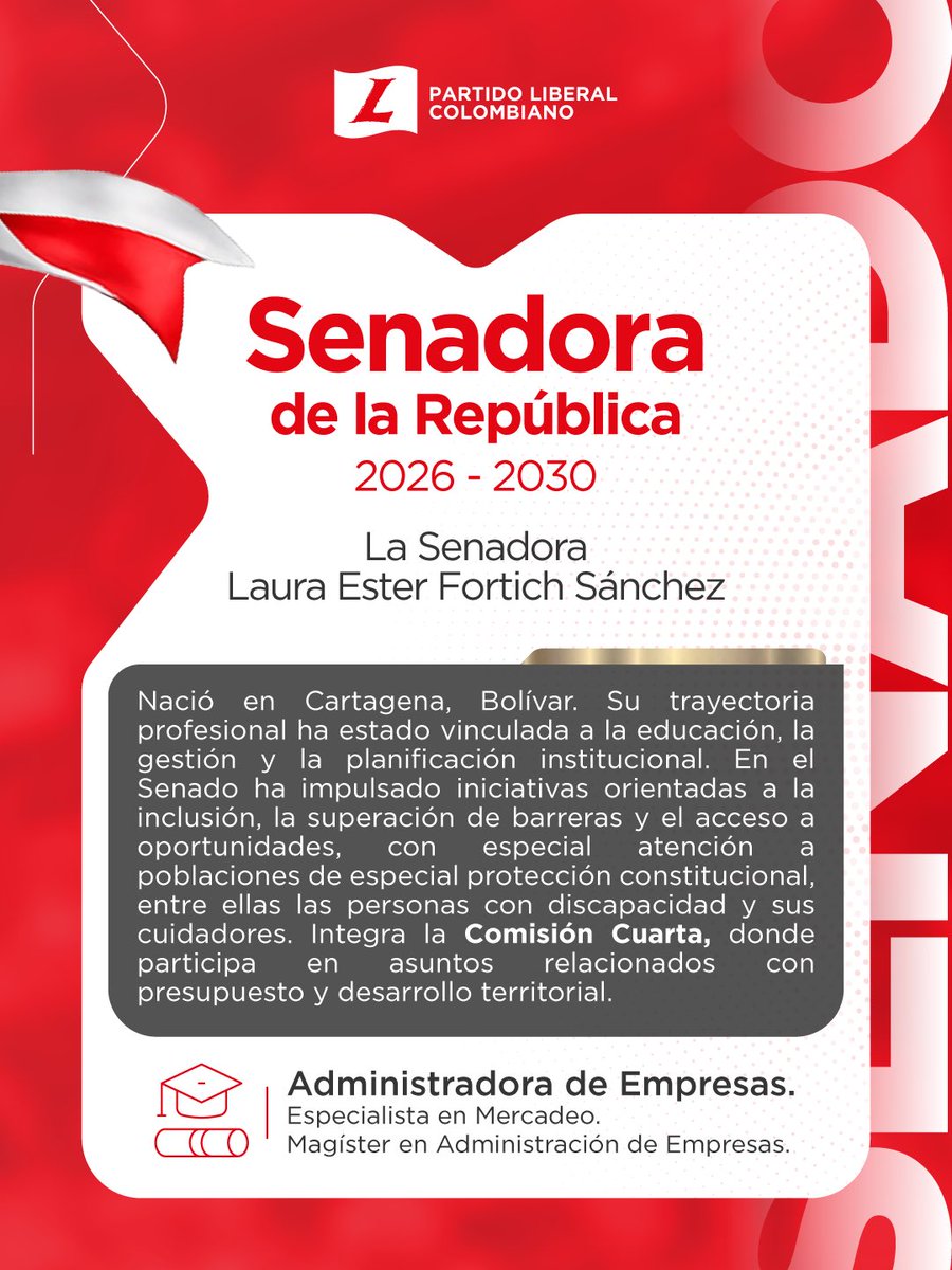 PartidoLiberal's tweet photo. El Partido Liberal Colombiano reconoce la trayectoria y el compromiso de la senadora @laurafortichsan , representante del Caribe en el Senado de la República para el periodo 2026–2030.
Una voz Liberal comprometida con una Colombia más incluyente, equitativa y con oportunidades. https://t.co/wzmE2W5pPL