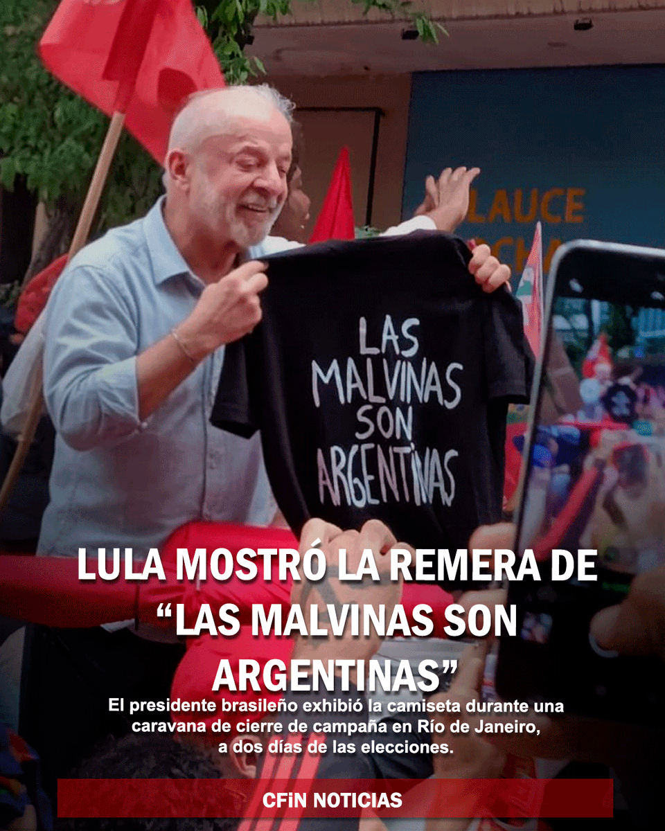 cfinnoticias's tweet photo. 🇦🇷🇧🇷 Lula mostró una remera con la frase “Las Malvinas son argentinas” durante una caravana en Río de Janeiro, a dos días de las elecciones en Brasil.
📲 Más INFO en https://t.co/X8TkcUTh2b
#Brasil #Lula #Malvinas #Argentina #CFIN https://t.co/tkSdyEnByw