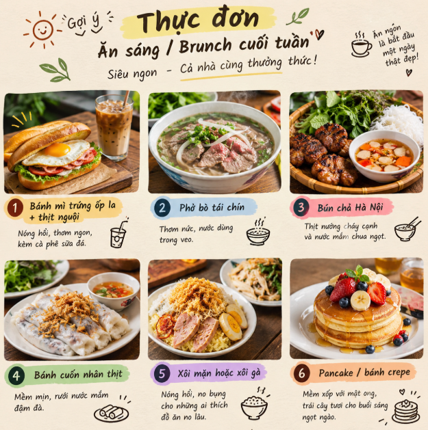 A Vietnamese weekend brunch menu ('Thực đơn Ăn sáng / Brunch cuối tuần') featuring six dishes: Bánh mì trứng ốp la, Phở bò tái chín, Bún chả Hà Nội, Bánh cuốn nhân thịt, Xôi mặn or xôi gà, and Pancake/bánh crepe.