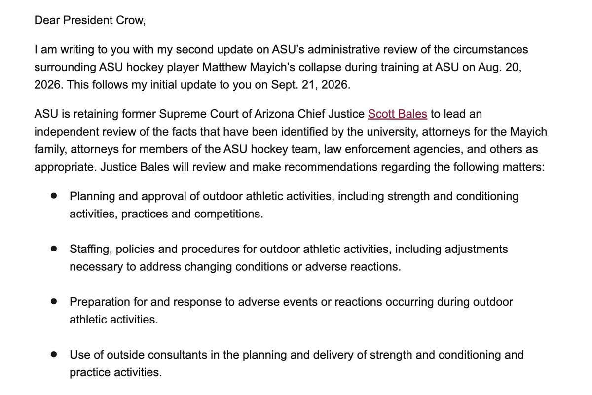 sportscronkite's tweet photo. ASU's most recent press release concerning the Matthew Mayich investigation, featuring ASU Senior Vice President James Rund's communication to ASU President Michael Crow https://t.co/kXnRwmgGaM