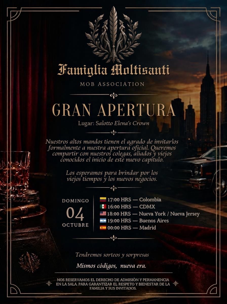Moltisanti_Mob's tweet photo. 𝑴𝑶𝑳𝑻𝑰𝑺𝑨𝑵𝑻𝑰 𝑴𝑶𝑩 𝑨𝑺𝑺𝑶𝑪𝑰𝑨𝑻𝑰𝑶𝑵
𝑷𝑹𝑬𝑺𝑬𝑵𝑻𝑺:
𝑻𝑯𝑬 𝑮𝑹𝑨𝑵𝑫 𝑶𝑷𝑬𝑵𝑰𝑵𝑮 𝑶𝑭 𝑬𝑳𝑬𝑵𝑨’𝑺 𝑪𝑹𝑶𝑾𝑵
𝑹𝒂𝒊𝒔𝒆𝒅 𝒊𝒏 𝒕𝒉𝒆 𝒔𝒕𝒓𝒆𝒆𝒕𝒔 𝒐𝒇 𝑵𝒆𝒘 𝑱𝒆𝒓𝒔𝒆𝒚. 

An exclusive evening of tradition, discretion and fellowship. 

We wait for you https://t.co/niuoZikOh1