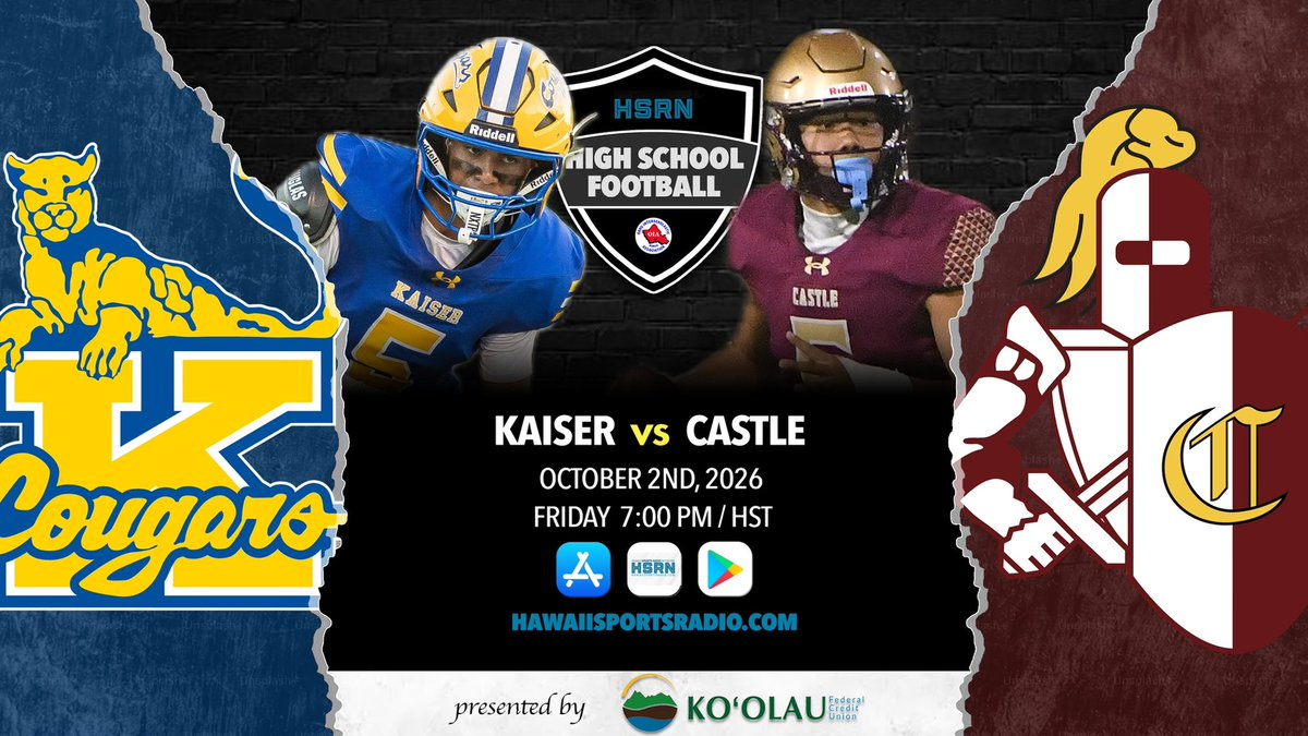 HIsportsradio's tweet photo. Kaiser travels to Castle for key OIA Div. II matchup‼️

Mahalo to Ko'olau Federal Credit Union &amp; Honor Box Chiropractic for their support of HS sports on HSRN 🙌🏽

🏈 Kaiser at Castle
🗓️ Friday Oct. 2, 2026
⏰ 7 p.m. HT
💻 https://t.co/5Pl567U9nc
📲 Hawaii Sports Radio Network App https://t.co/ZDjLNAC3VY