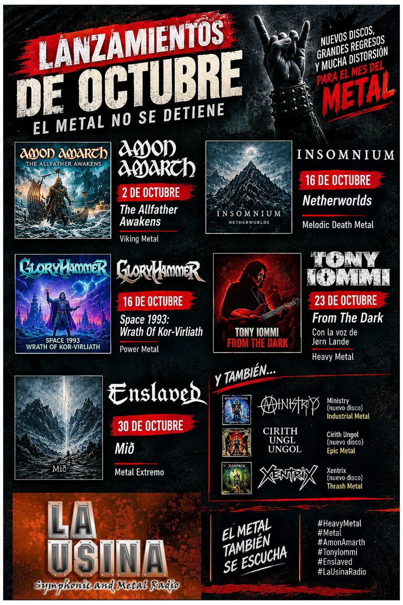 lausinaradio's tweet photo. 🤘 Octubre llega cargado de Metal.

Amon Amarth, Insomnium, Gloryhammer, Tony Iommi, Enslaved, Ministry, Cirith Ungol y más preparan nuevos discos.

🎸 Iommi vuelve en solitario después de 21 años con From The Dark.

📻 La Usina Radio

#HeavyMetal #Metal #TonyIommi https://t.co/qL9zXxbMRP