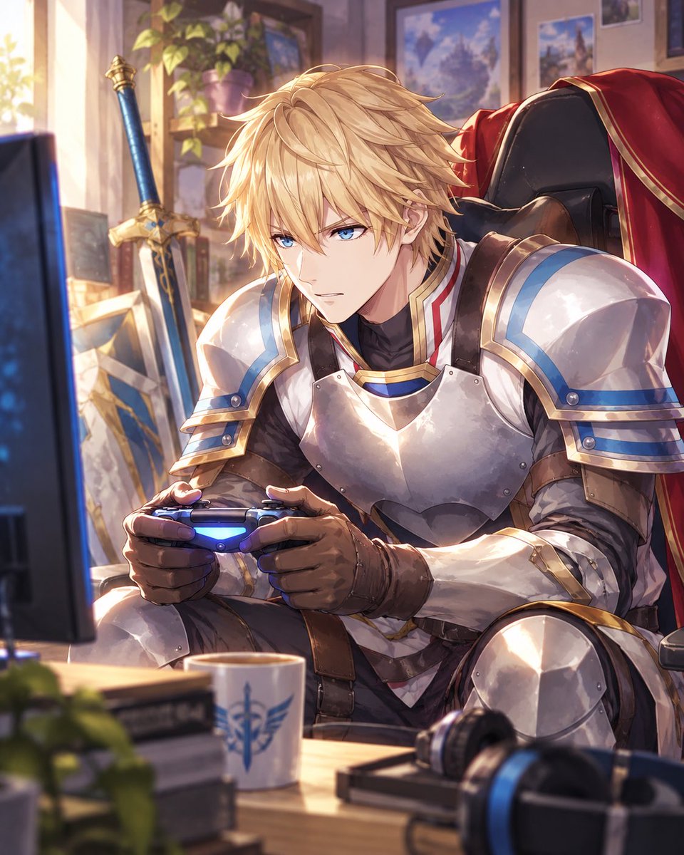 enju_world's tweet photo. 《英雄、セーブ中。》

世界を救うくらいの顔で、
めちゃくちゃゲームしてる英雄。

剣も盾もそこにある。
でも今いちばん大事なのは、この一戦。

#絵クス絵画
#AIイラスト https://t.co/lTZO0H4e85