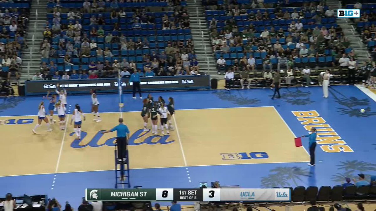 A screenshot of a college volleyball match on the 'B1G+' network, showing the score overlay reading 'MICHIGAN ST 8, UCLA 3' in the '1ST SET' on the UCLA court.