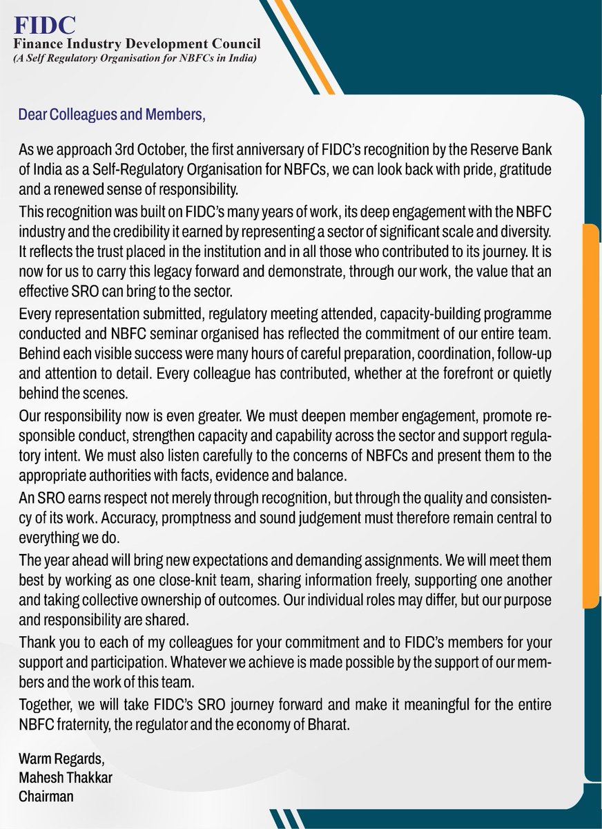 FidcIndia's tweet photo. As FIDC marks one year as an RBI recognised SRO for NBFCs, Chairman Mahesh Thakkar shares a message of gratitude, responsibility and a continued commitment to strengthening the sector.

#FIDC #NBFC #SRO #RBI #FinancialSector #FinanceIndustry #NBFCIndia #ResponsibleFinance https://t.co/mZz7QmS6hi