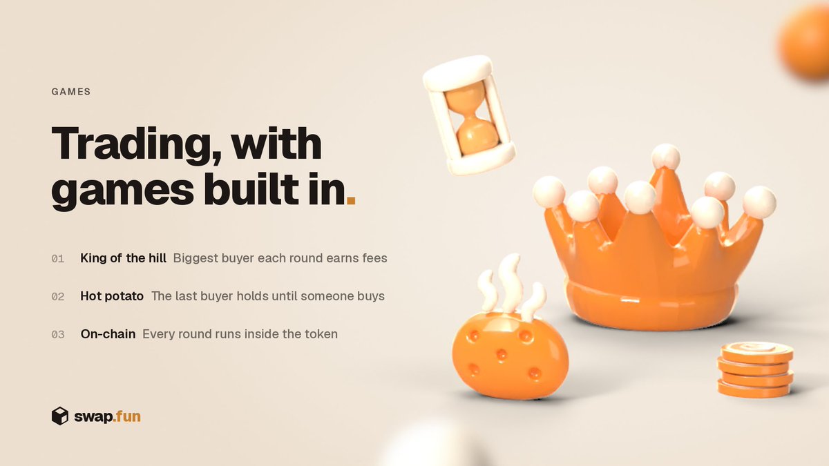 useSwapfun's tweet photo. tokens can come with games built in.

King of the hill: the biggest buyer each round becomes king and earns a cut of the round's fees, but can't sell until outbought or the round ends.

Hot potato: the last buyer can't sell until someone else buys. https://t.co/dkZUdKyCui