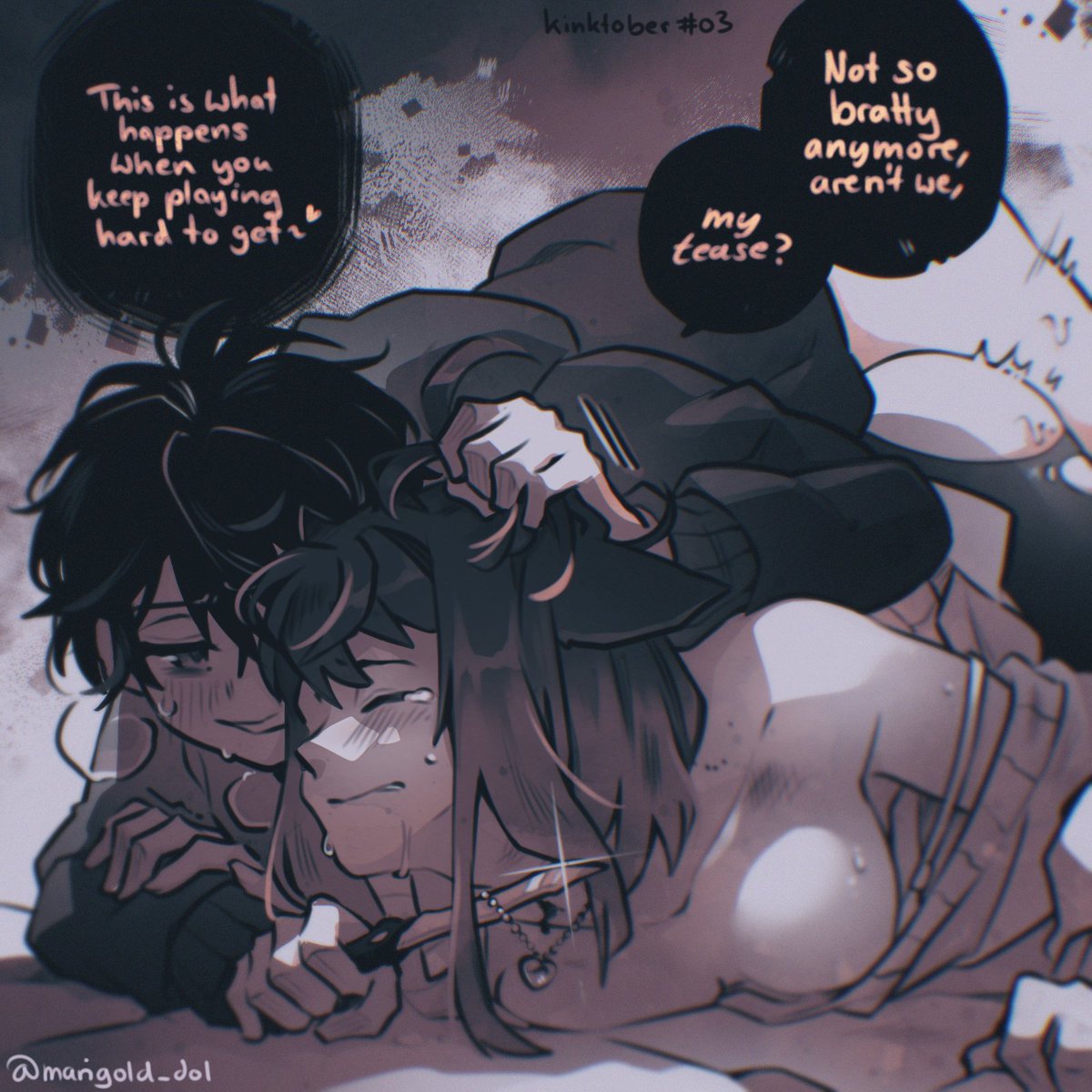 Marigold_dol's tweet photo. [kinktober 03 • Hate Sex]  

I am obsessed with the thought of Kylar's emotions being so volatile that his love easily flips over into hatred when he doesn't get what he wants ... 
Mhhhh such a good concept ...
(kylar/mari)  

#degreesoflewdity #dolpc https://t.co/EdJDZKyp3d