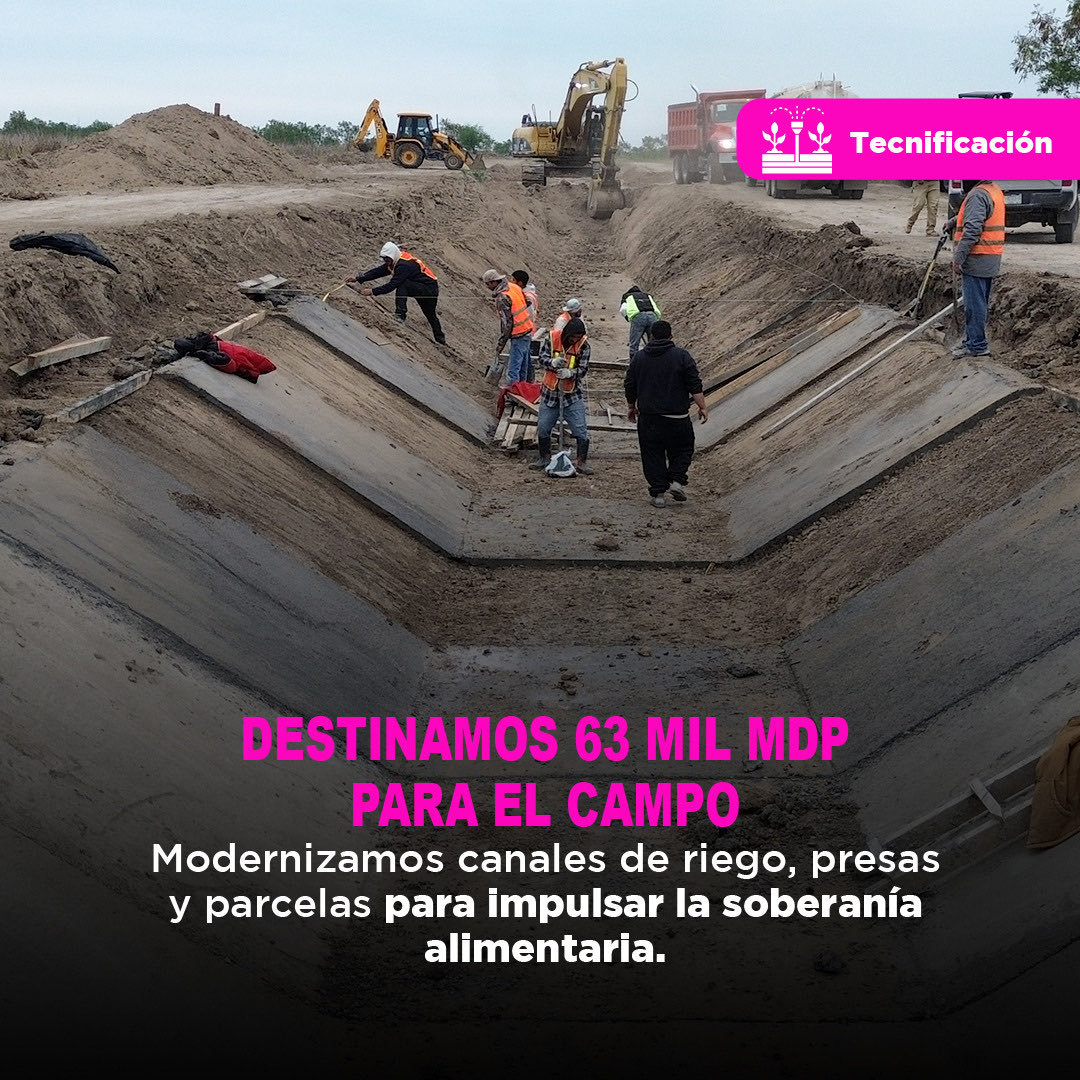 conagua_mx's tweet photo. ¡Más eficiencia en el campo, más alimentos para México!

Con una inversión de alrededor de 63 mil millones de pesos durante el sexenio, el @GobiernoMX moderniza canales de riego, presas y parcelas para contribuir a la soberanía alimentaria. https://t.co/VW31xt4W14