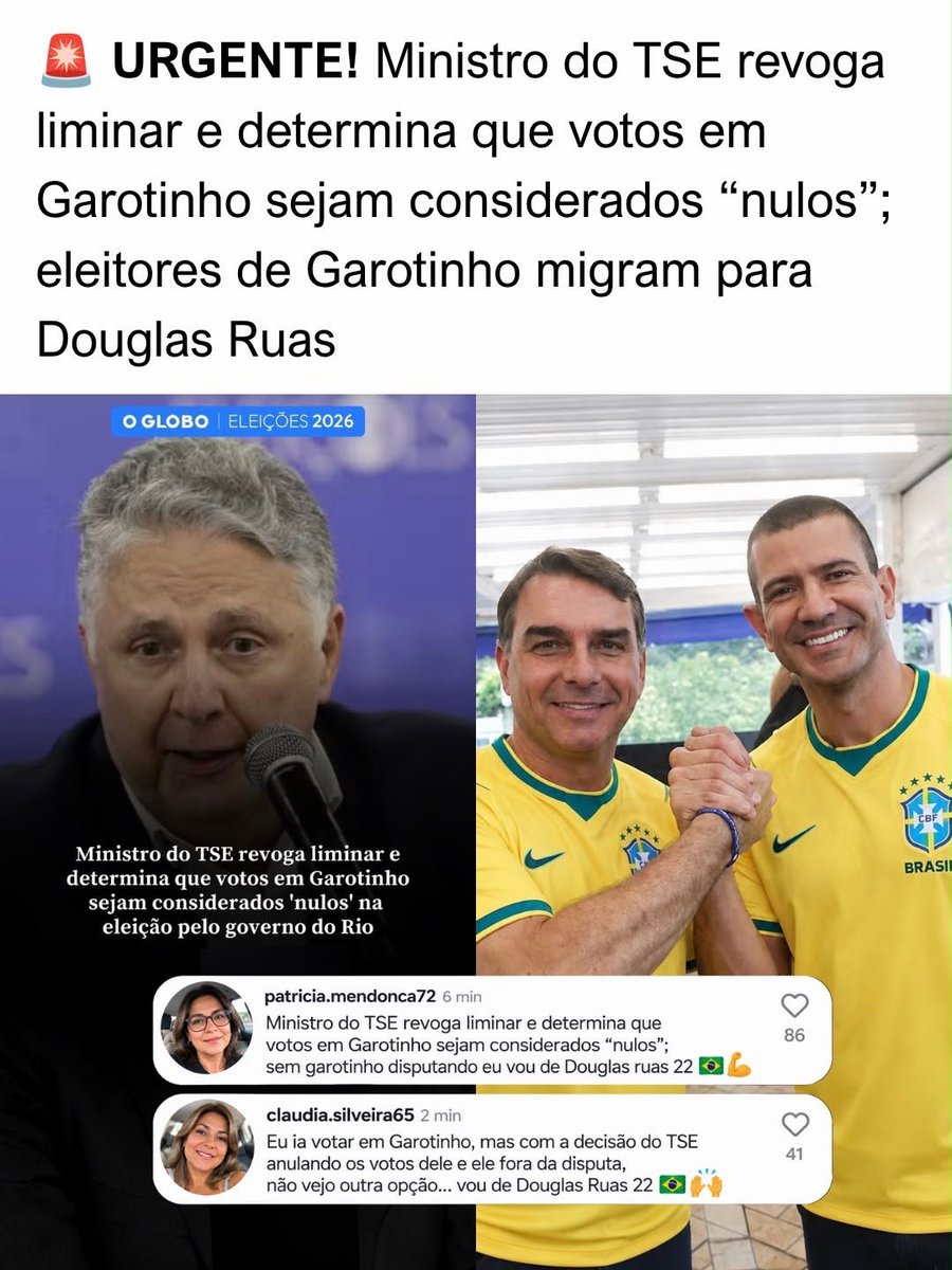 Rodrigo05590745's tweet photo. *🚨 URGENTE: A disputa pelo Governo do Rio acaba de sofrer uma reviravolta.*

O ministro Floriano de Azevedo Marques, do TSE, revogou nesta sexta-feira (2) a liminar que beneficiava Anthony Garotinho e determinou que seus votos sejam considerados nulos. 

A decisão ocorreu após pedido da coligação de Eduardo Paes. Com os votos de Garotinho fora do cálculo, muda a matemática necessária para uma eventual definição da eleição já no primeiro turno. 

Eleitores de Garotinho já manifestam apoio a Douglas Ruas nas redes sociais. A reta final ganhou um novo capítulo a apenas dois dias da votação.

Ontem, a polêmica envolvendo o debate da Globo. Hoje, a decisão sobre Garotinho. O cenário eleitoral do Rio mudou novamente.

🚨 INFORME QUEM AINDA NÃO VIU A DECISÃO.