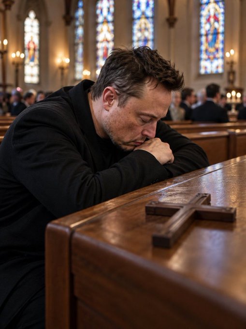 An AI-generated or staged image showing a man resembling Elon Musk kneeling and praying in a wooden church pew with a cross on it, with stained glass windows in the background.