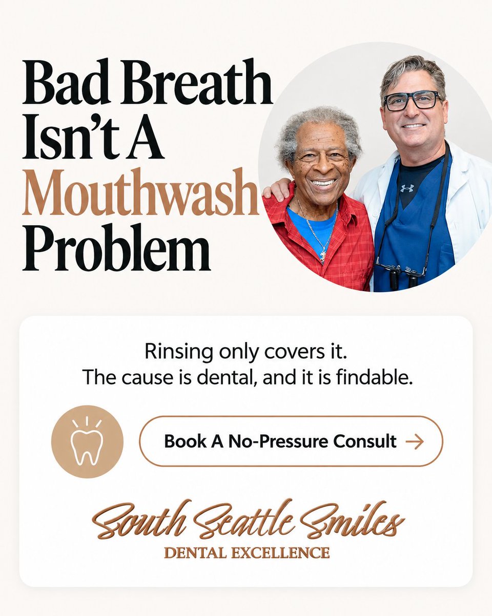 SSeattleSmiles's tweet photo. Rinsing freshens your breath for about an hour. If it keeps coming back, something else is going on.

It's usually a dental cause, not a mouthwash problem.

Book a no-pressure consult. South Seattle Smiles https://t.co/mE8zx52ci5