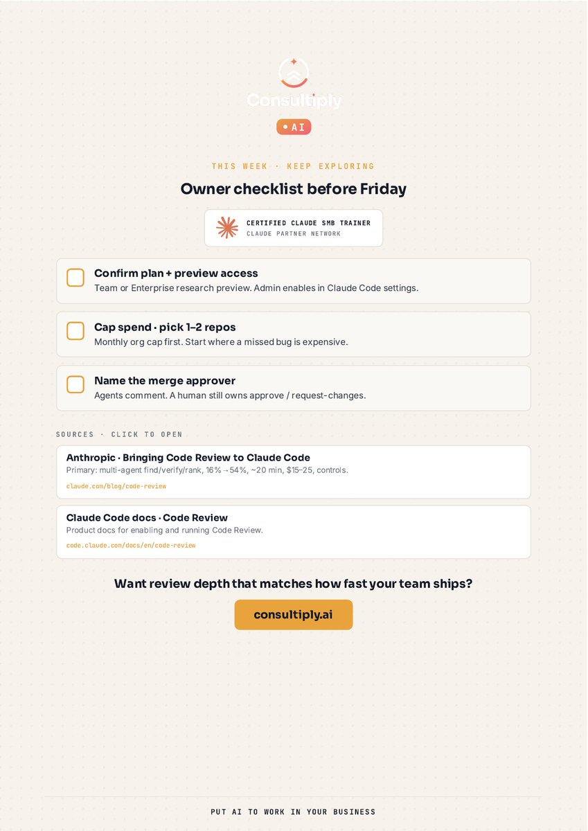geekdude's tweet photo. @AnthropicAI ships multi-agent Code Review for Claude Code. Agents find, verify, and rank bugs on every PR. Humans still approve merges. ⚡

https://t.co/3C2jb8J0Bx
#SMB #CodeReview #Consultiply #PutAIToWork https://t.co/DdzzfCn5Lj