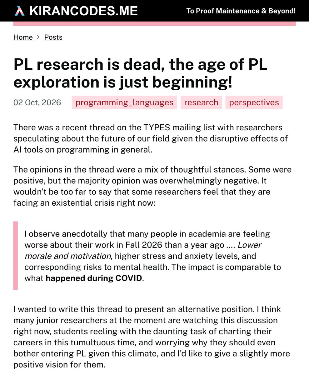 kirancodes's tweet photo. Should YOU do Programming Languages research in era of LLMs?  Many would say NO. But I say YES!

PL Research is dead? Nay! the era of PL Exploration is just beginning.

Fuck the users. Fuck the applications. Let's do some fucking PL research!
https://t.co/lSE2L8fZdE https://t.co/Gbm1hjPm0B