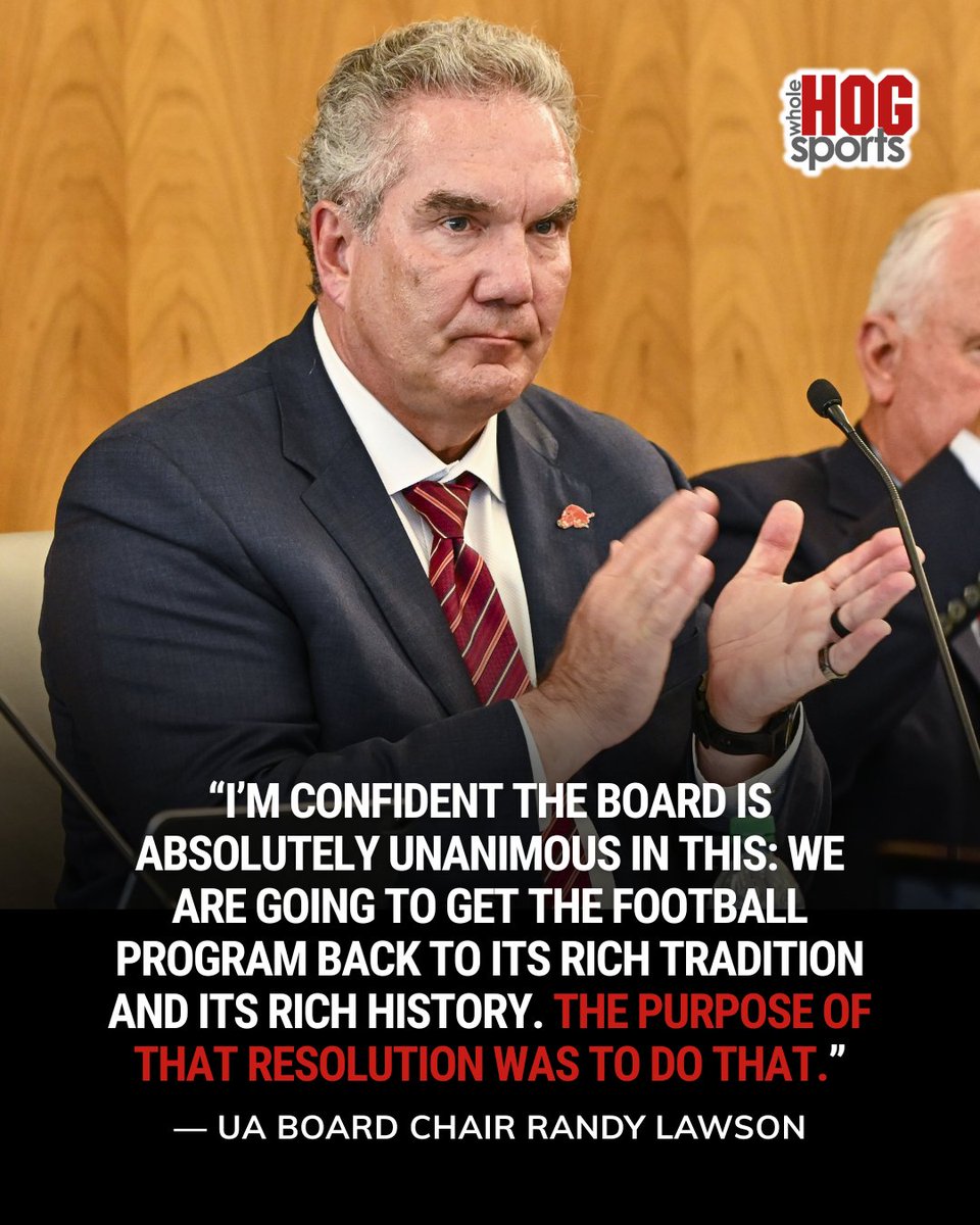 wholehogsports's tweet photo. University of Arkansas board chairman Randy Lawson said the trustees are "unanimous" in their desire to improve the Razorbacks' standing in football. See what Lawson, system president Jay Silveria and AD Hunter Yurachek said about the board's recent actions at the link below. https://t.co/nyQZB2pTUi