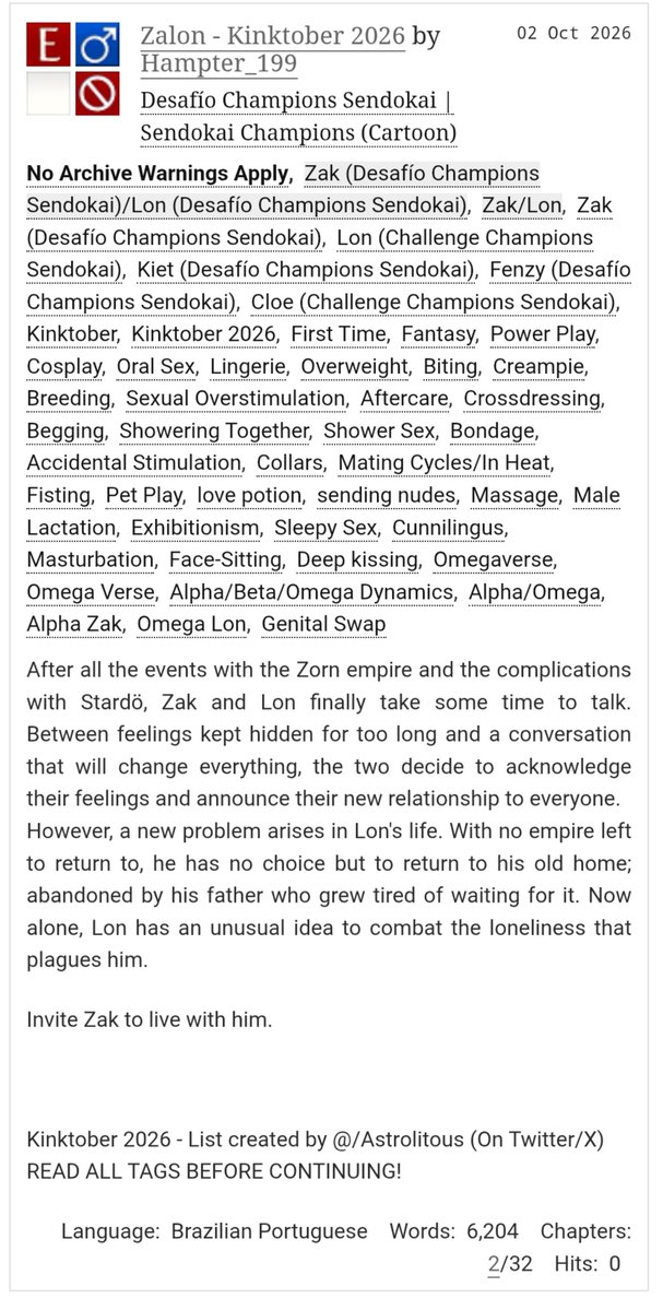 SuperShy030's tweet photo. What happens when you combine Kinktober + Zalon?
A sequence of the dirtiest chapters you'll read in this fandom 🔥
(AO3 link below 🧵)
#sendokai #zalon #kinktober https://t.co/3pY9FDgnf9