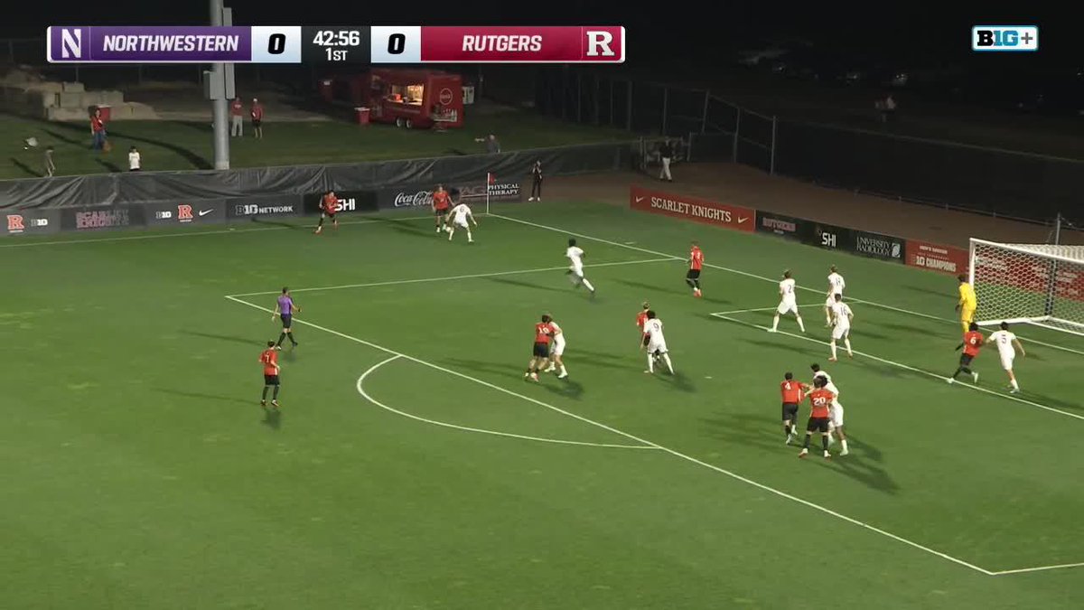 A Big Ten Plus broadcast shows a soccer match between Northwestern and Rutgers, with the score tied 0-0 at 42:56 in the 1st half.