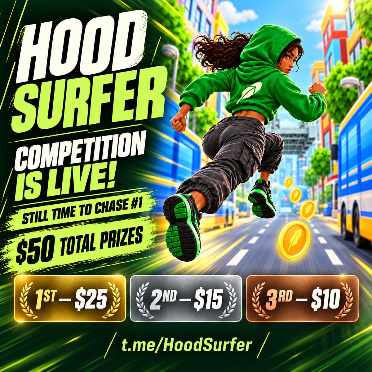 HoodSurfer's tweet photo. 🔥 HOOD SURFER’S COMPETITION IS LIVE—AND THERE’S STILL TIME TO CHASE #1! 🏃💨

Missed that jump? Run it back.
Beat your best? Push it further.
Eyeing the top three? Make your next run count. 👀
Our October 2–4 competition is underway, with $50 in total prizes:
🥇 1st Place — $25
🥈 2nd Place — $15
🥉 3rd Place — $10

Dodge the buses, collect the feathers, and grab those power-ups. Every obstacle you clear keeps your shot at a higher score alive. 🎮

Whether you’re learning the course or chasing a personal best, there’s a reason to hit PLAY again.
Bring a friend, compare scores, and see who cracks first under pressure. 🏆
👇 Join the community and get in the game:
💬 https://t.co/eBsBgdKsTx
𝕏 @HoodSurfer

@ZssBecker @CryptoWendyO — who in your communities could set the score to beat? 🔥