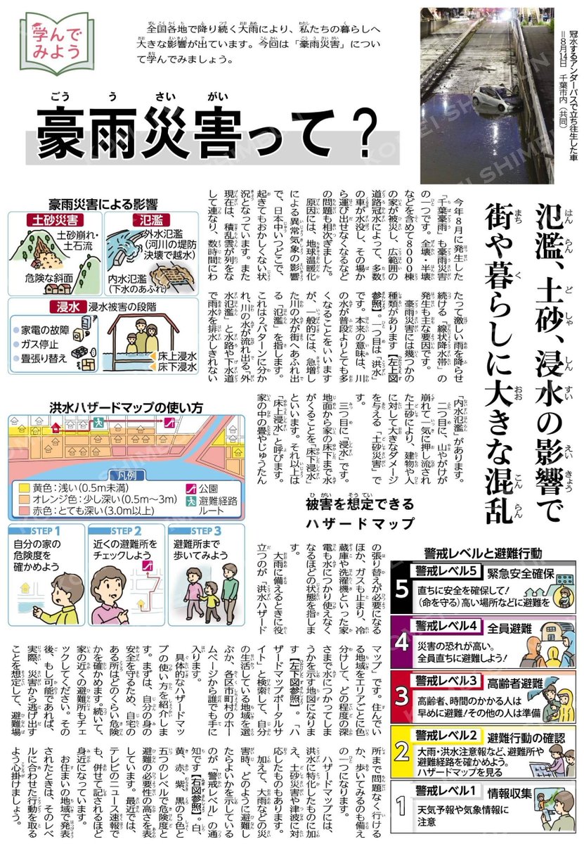 omata2023's tweet photo. 「豪雨災害って？」
大雨による氾濫や浸水、土砂災害などを、子どもにも分かりやすく紹介しています。
ハザードマップの見方や避難のタイミングなど、いざという時のために、ぜひご家族でご覧ください。
#豪雨災害 #防災 #公明新聞電子版
（こども　学んでみよう！）豪雨災害って？／氾濫、土砂、浸水の影響で街や暮らしに大きな混乱 #公明新聞電子版 2026年10月03日付 https://t.co/Zw358vSyf4