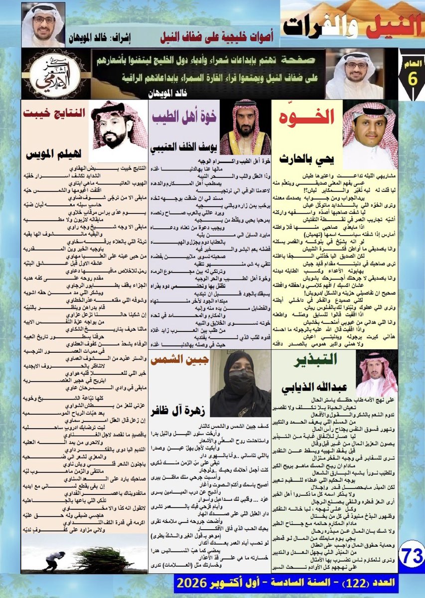 m_sh3r's tweet photo. أشارككم العدد الجديد من صفحة «أصوات خليجية على ضفاف النيل»، ضمن مجلة «النيل والفرات»، العدد (122) – السنة السادسة – 1 أكتوبر 2026.

كل الشكر والتقدير لإدارة المجلة الموقرة على دعمها واهتمامها بالشعر النبطي ، وللشعراء والشاعرات المشاركين، ولكل من يساهم في مد جسور الإبداع https://t.co/tv5nzzn4Y4