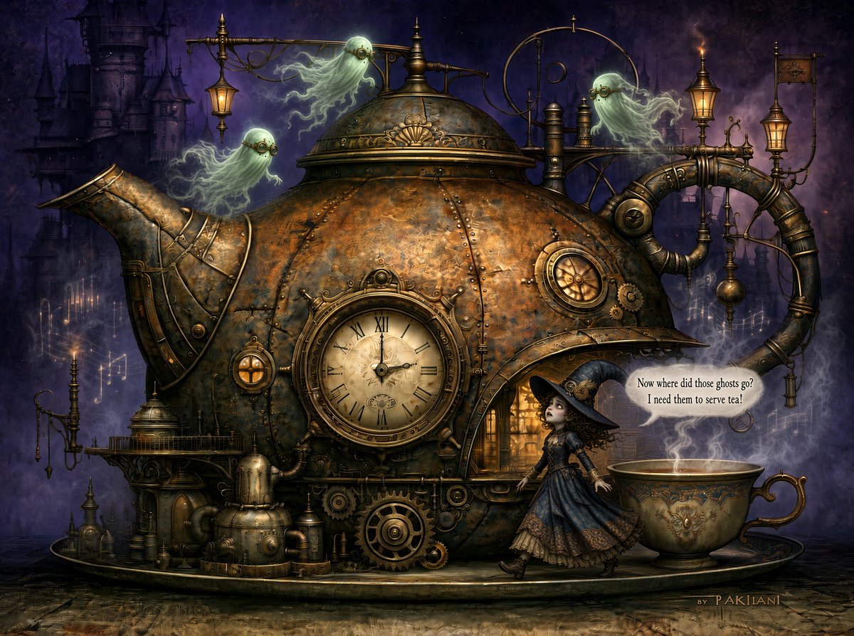 pakilani's tweet photo. 👻Tea Time at The Castle (2)👻 

The tiny Witch says:  " Now where did those ghosts go? I need them to serve tea!."

  #AIart #animationㅤ #Halloween https://t.co/6x4tLcelQe