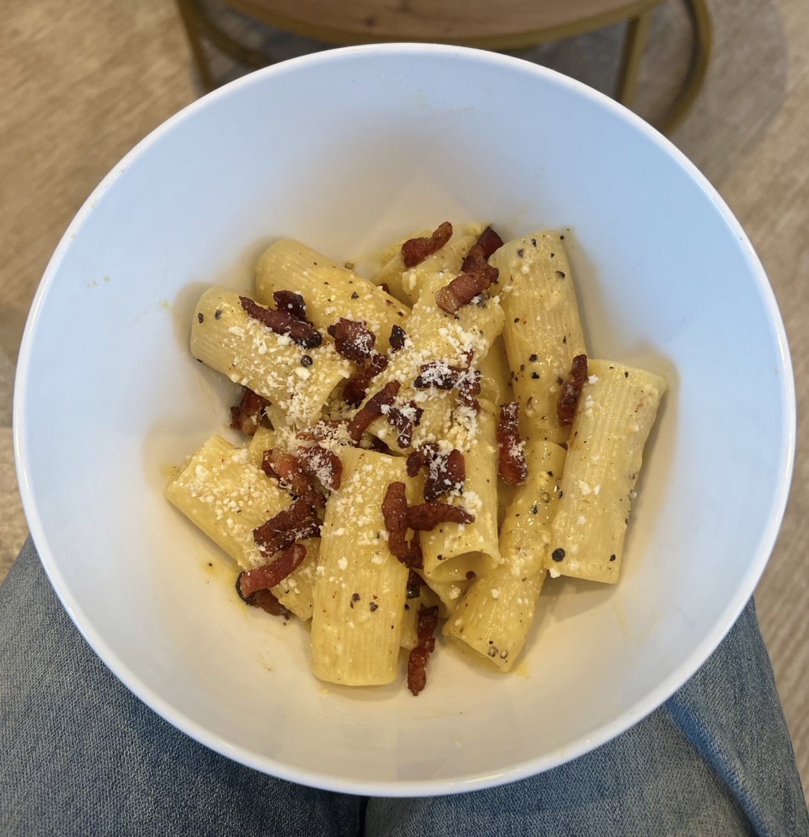 paulstanley_744's tweet photo. Made an awesome Rigatoni Carbonara for dinner tonight. Guanciale (or pancetta) if you can’t find, toasted black pepper, egg yolk, lots of Pecorino Romano and Parmigiano Reggiano, little salt, pasta water and guanciale oil. That’s IT!! It’s all in the process. https://t.co/HkSBtc61o2