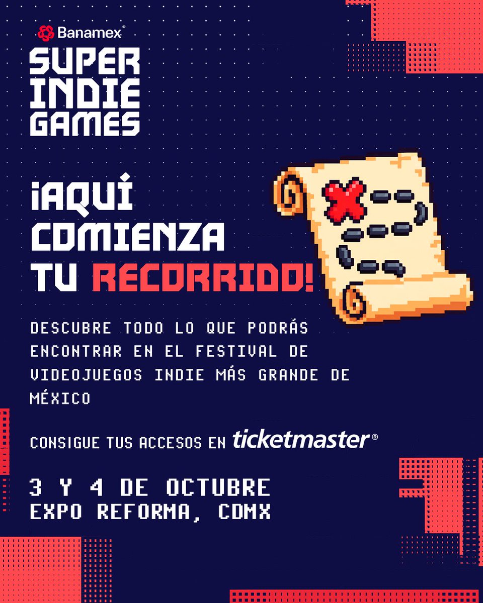 Superindiegam3s's tweet photo. Banamex Super Indie Games está en dos niveles de Expo Reforma, y en cada uno hay algo diferente por descubrir. 👾🔥

📍 Nivel 2 + Planta Baja
📅 3 y 4 de octubre
📍 Expo Reforma, CDMX

Explora el mapa, arma tu ruta y prepárate para recorrer todo Banamex Super Indie Games. https://t.co/mRW7t8gCI1