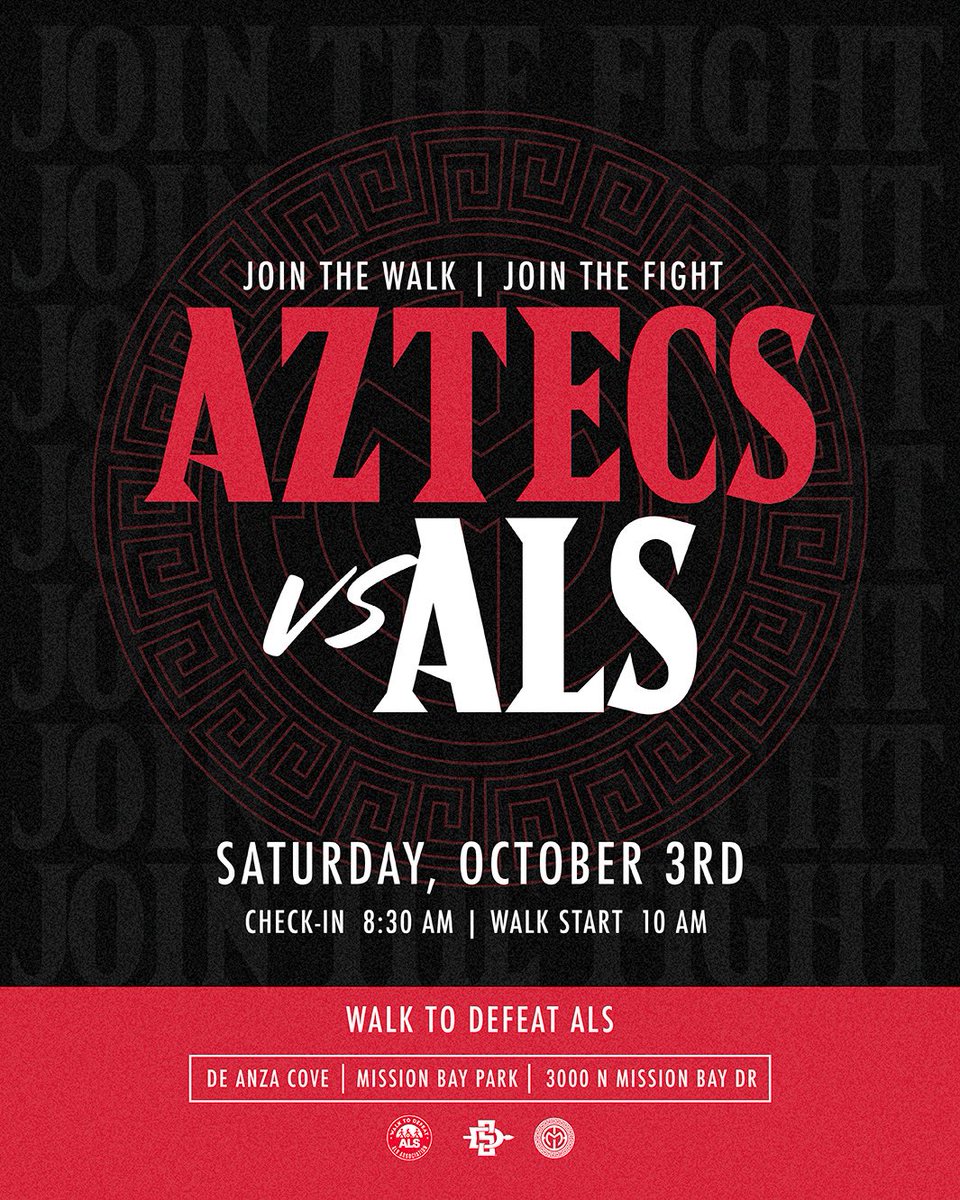 mesa_aztecs's tweet photo. TOMORROW. WE WALK.
OCTOBER 3RD | DE ANZA COVE

For Coach Mark. For his family. For everyone impacted by ALS.

Tomorrow, the Aztec family comes together for the 25th Anniversary of the ALS Walk as Aztecs Fighting ALS - Coach Mark’s Team.

We’re showing up, walking with purpose, and making our presence felt. Let’s pack De Anza Cove and show Coach Mark the strength of the Aztec family.

CHECK-IN 8:30 AM | WALK 10:00 AM

There’s still time to join the team or donate through the link below ⬇️

https://t.co/C7nImWcZxv

Let’s walk together. Let’s fight together.

#GoAztecs @Aztec_MBB @alsassociation