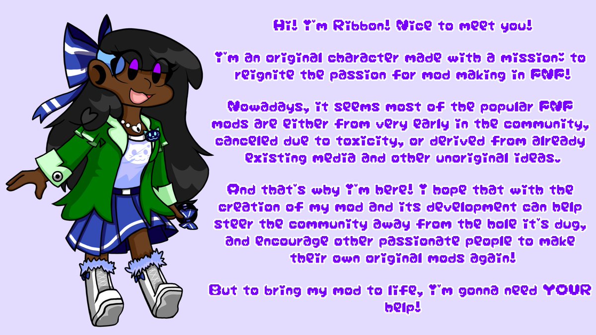WishingStar102's tweet photo. Hi! I'm The Magic Hour, and I'm working on an FNF mod! It stars my first ever Fnf OC, Ribbon! I'm currently hard at work, but I'm gonna need some help to make it a reality. Take a look to learn more about my mission and what I need!

#fnfmodding #fnf https://t.co/UtP8RMqlpE