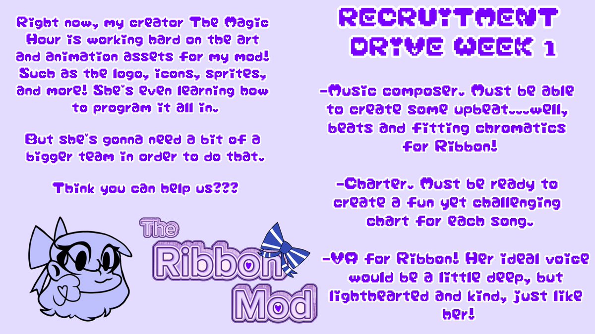 WishingStar102's tweet photo. Hi! I'm The Magic Hour, and I'm working on an FNF mod! It stars my first ever Fnf OC, Ribbon! I'm currently hard at work, but I'm gonna need some help to make it a reality. Take a look to learn more about my mission and what I need!

#fnfmodding #fnf https://t.co/UtP8RMqlpE