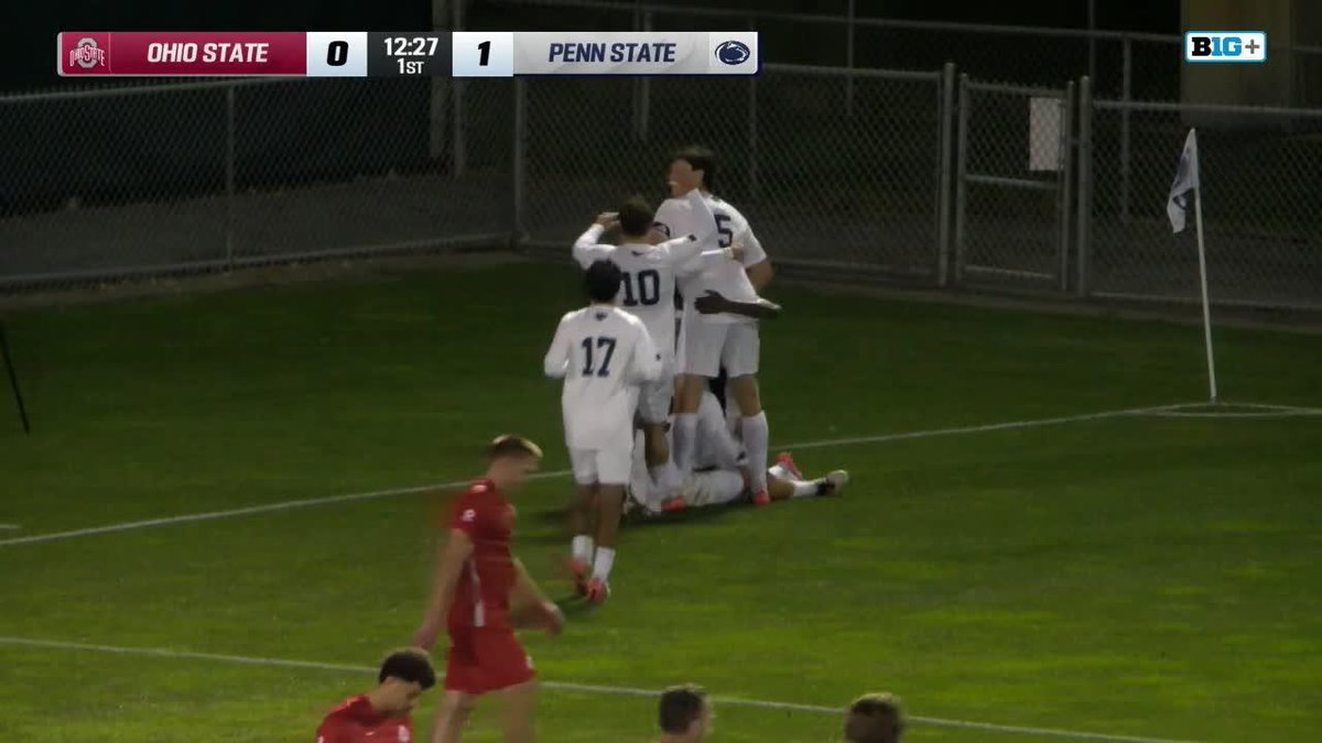 A screenshot of a Big Ten Network broadcast of a soccer match between Ohio State (0) and Penn State (1), showing Penn State players in white celebrating a goal at 12:27 in the 1st half.