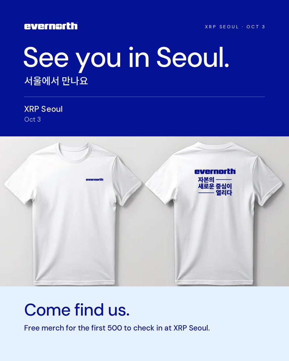 evernorthxrp's tweet photo. 🇰🇷In Seoul for Korea Blockchain Week? We're at @XRPSEOUL today! Come find us as we'll be hosting a number of industry guests for live recordings with @xrplf and @Vet_X0. 

🚨And free Evernorth merch for the first 500 people who check in at XRP Seoul!

This content is for informational purposes only and does not constitute investment advice. This content may contain forward-looking statements that involve risks and uncertainties; actual results may differ materially. Digital assets involve risk, including potential loss of principal. Learn more about Evernorth: https://t.co/OIkJdRArEr.
