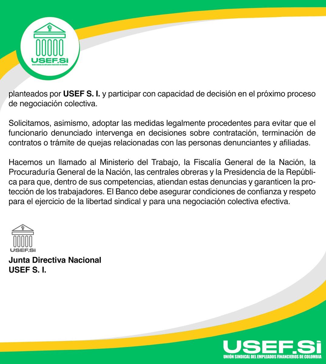 UsefSiSindicato's tweet photo. Denuncia Pública 
La afiliación sindical no puede costar el empleo
Junta Directiva Nacional https://t.co/SWAssbbdxN 
@MintrabajoCol @ABDELAESPRIELLA @cutcolombia  #porladignidadlaboral https://t.co/JNVN2h7Kr8
