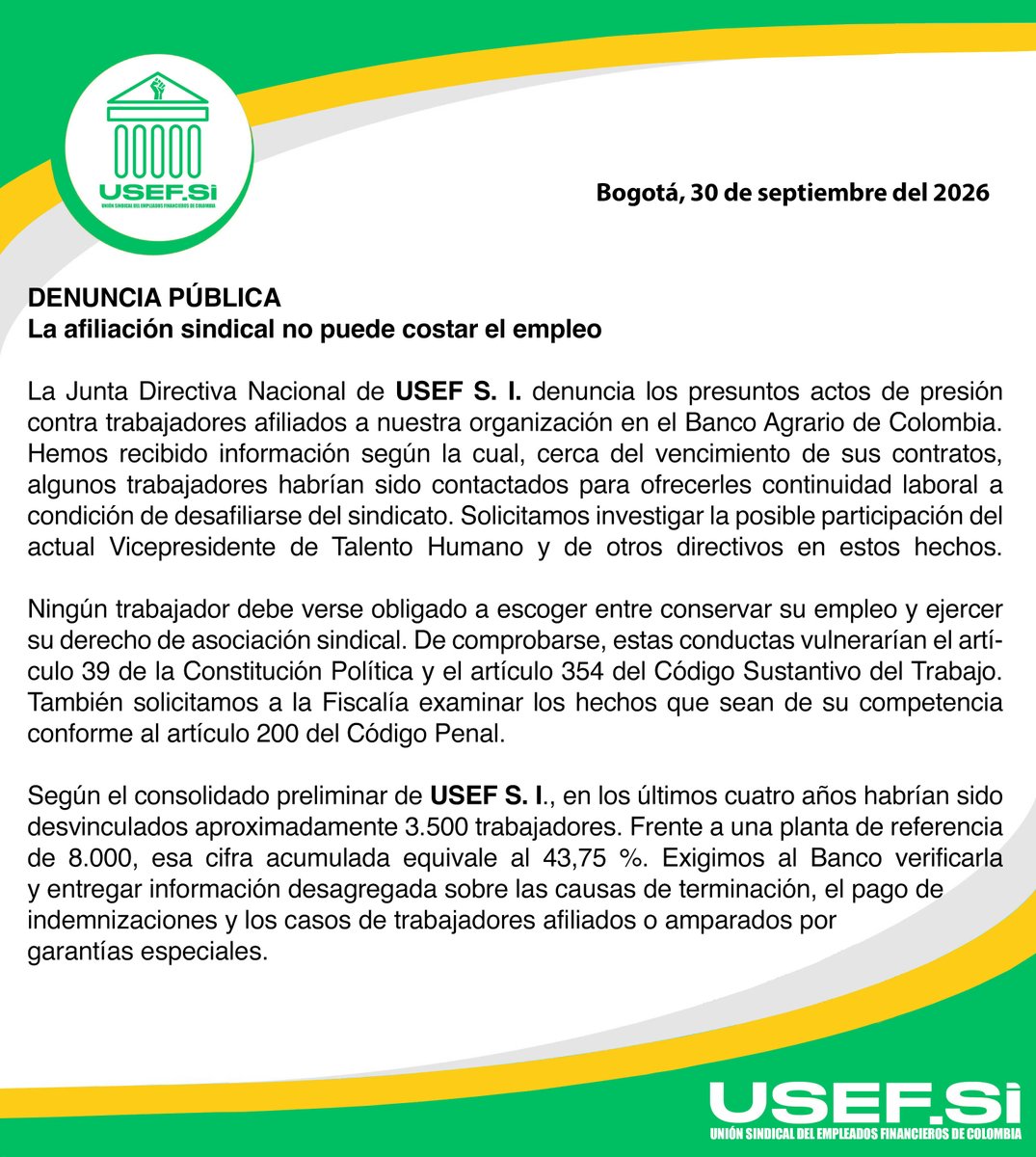 UsefSiSindicato's tweet photo. Denuncia Pública 
La afiliación sindical no puede costar el empleo
Junta Directiva Nacional https://t.co/SWAssbbdxN 
@MintrabajoCol @ABDELAESPRIELLA @cutcolombia  #porladignidadlaboral https://t.co/JNVN2h7Kr8