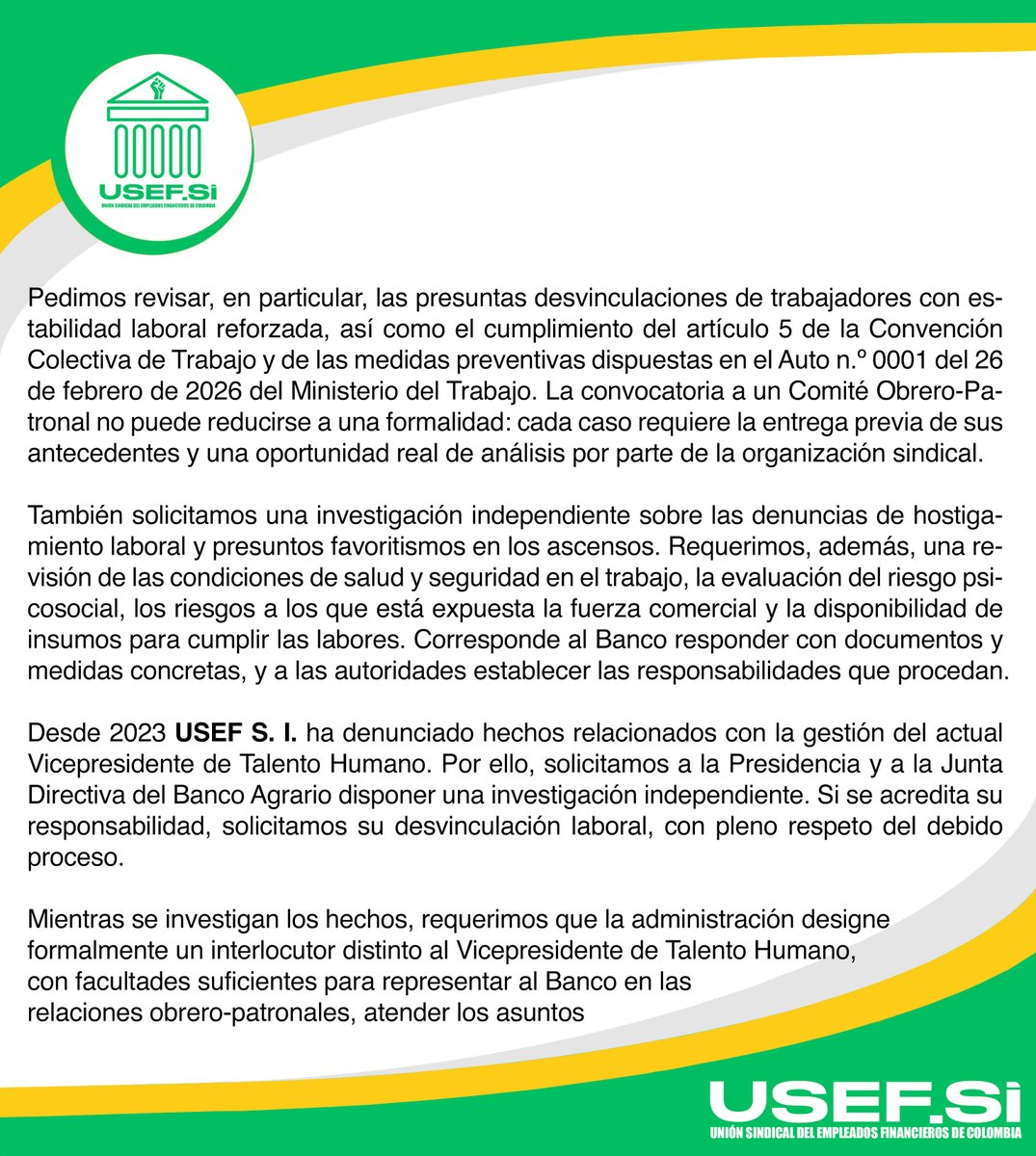 UsefSiSindicato's tweet photo. Denuncia Pública 
La afiliación sindical no puede costar el empleo
Junta Directiva Nacional https://t.co/SWAssbbdxN 
@MintrabajoCol @ABDELAESPRIELLA @cutcolombia  #porladignidadlaboral https://t.co/JNVN2h7Kr8