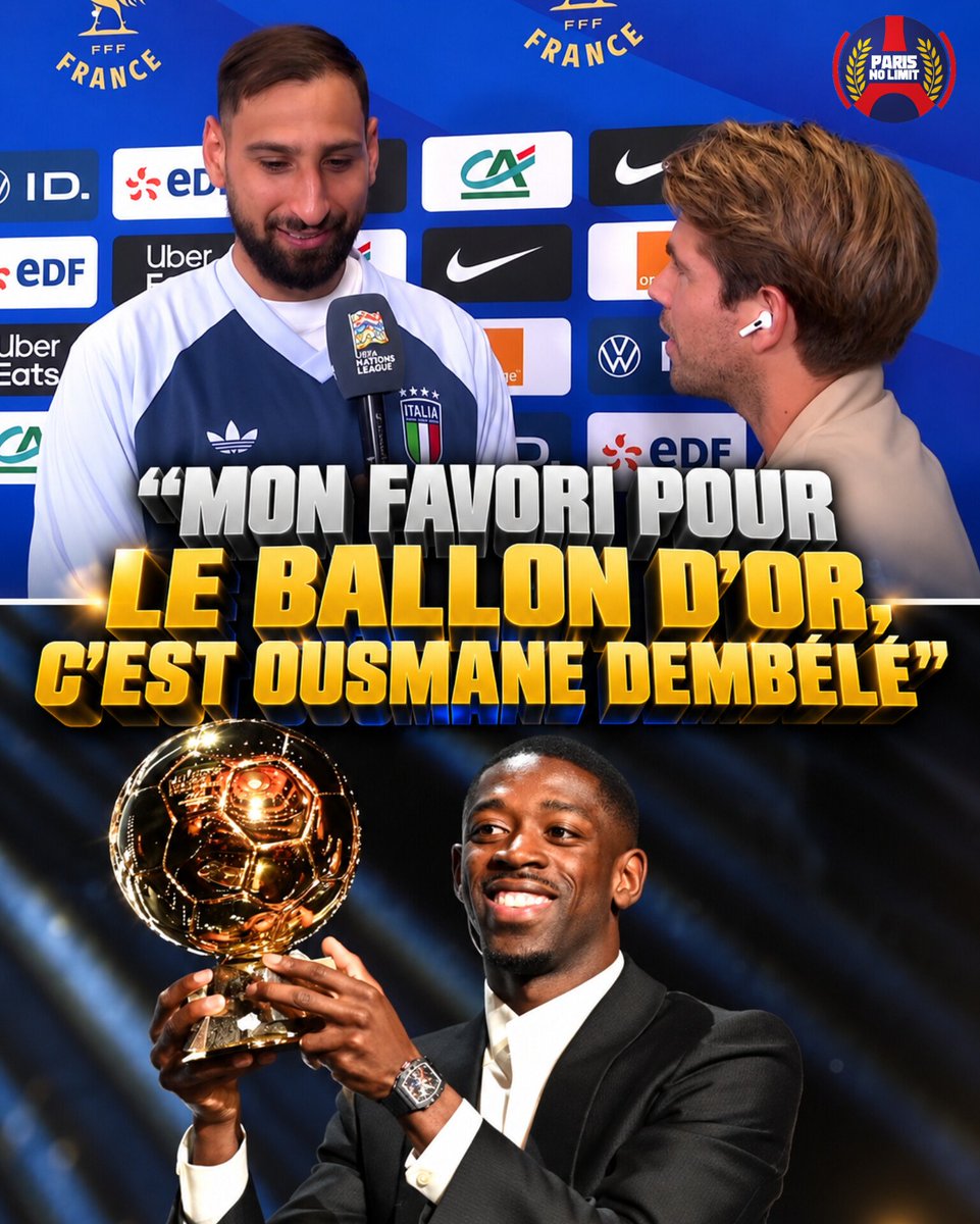 Xparisnolimit's tweet photo. ❤️💙🎙️🇮🇹 Donnarumma : "C'est un plaisir pour moi d'être à Paris. C'est très spécial de revenir ici contre mes amis. On a fait un grand match contre une grande équipe. Mon favori pour le Ballon d'Or ? Mon favori, c'est Ousmane Dembélé." https://t.co/Yh8ZB9PVMj