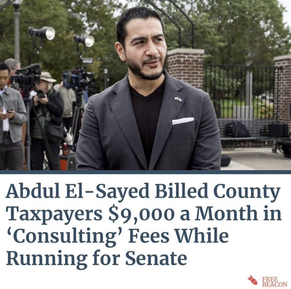 MichelleMaxwell's tweet photo. Grateful that the @FreeBeacon has exposed this. No one should be shocked by this! 

🚨Michigan Democratic Senate candidate Abdul El-Sayed landed a $9,000-a-month consulting contract with Wayne County just six days after launching his campaign, allowing him to bill taxpayers roughly $300 an hour while running for office, the Free Beacon’s Alana Goodman reports.

Public records obtained by the Free Beacon show that Wayne County approved the deal on April 23, less than three weeks after El-Sayed resigned as director of its health services department. The eight-month contract authorized up to $72,000 for 30 hours of work per month providing “strategic support” during the leadership transition.

The payments were routed through AME Higher LLC, an entity El-Sayed created as a pass-through for consulting and speaking fees. “The news comes as El-Sayed has faced questions over his use of a tax loophole to avoid payroll and income taxes on payments he received through AME Higher LLC,” Goodman writes. His latest financial disclosure shows that he paid himself a $64,000 salary from the company and took another $103,000 as a “member draw,” a common strategy for avoiding payroll taxes, accountants told the Free Beacon.

The Wayne County deal was not El-Sayed’s only consulting work during the campaign. He has also collected more than $82,000 from One Health Partners, a Chicago-area nonprofit health care company that former employees have called a “scam.” The Free Beacon reported that the company focuses on buying medical practices and “exploiting Medicare” to increase revenue. It is run by Ali Karim, one of El-Sayed’s largest campaign donors, who was sanctioned by Wisconsin regulators for defrauding an investor and has been accused of fraudulent business practices in multiple lawsuits.

El-Sayed has bragged about his two-year tenure running Wayne County’s health department on the campaign trail, claiming he “led the rebuild from the studs” of its troubled juvenile detention facility. Investigators, however, found the facility “flooded with sewage and garbage” and littered with “dried feces and bodily fluids.” The facility later lost its full operational license and was placed on probation by state regulators.