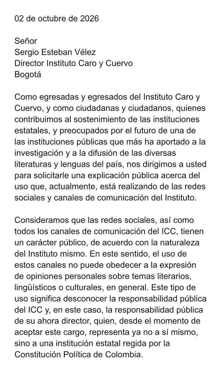AngelaPerversa's tweet photo. Más de cien egresados de los programas de posgrado del @CaroyCuervo hemos firmado este comunicado formal que se ha entregado hoy a la dirección del instituto. https://t.co/9QgxGIVjhq