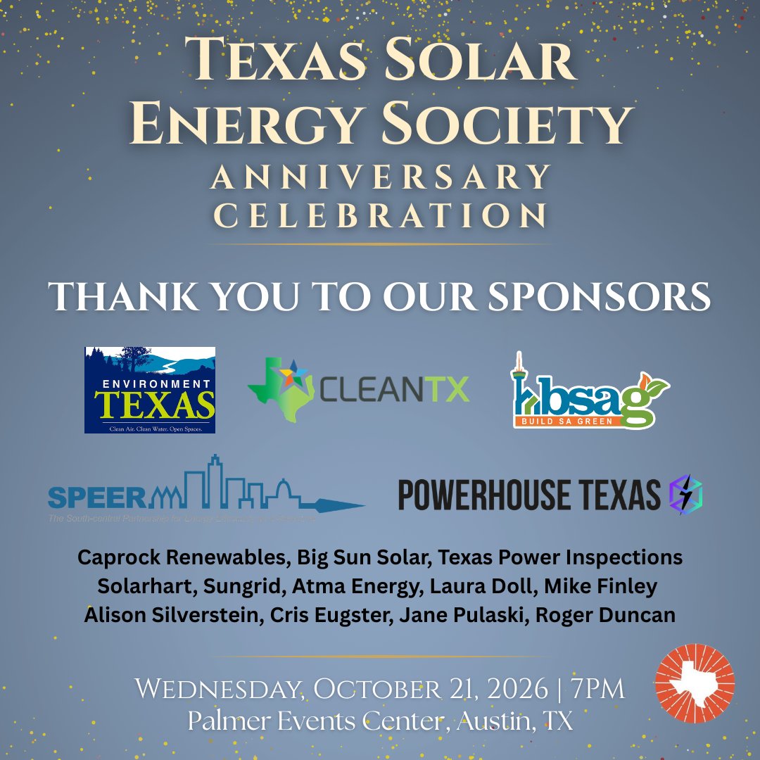 TXSES's tweet photo. You are invited!📣🎉 Join #TXSES for a special evening celebrating 50 years of #solar advocacy, education, and community in Texas!
🗓️ Oct. 21, 2026 | 7 PM
📍 Palmer Events Center, Austin, TX
🎟️ Get tickets: https://t.co/khJofHz8N6

TXSES Anniversary Award Ceremony + Live Music! https://t.co/t4seVbfUzX